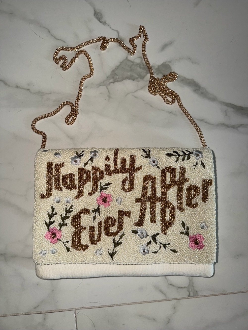 Beaded 'Happily Ever After' Crossbody Bag in Cream and Pink